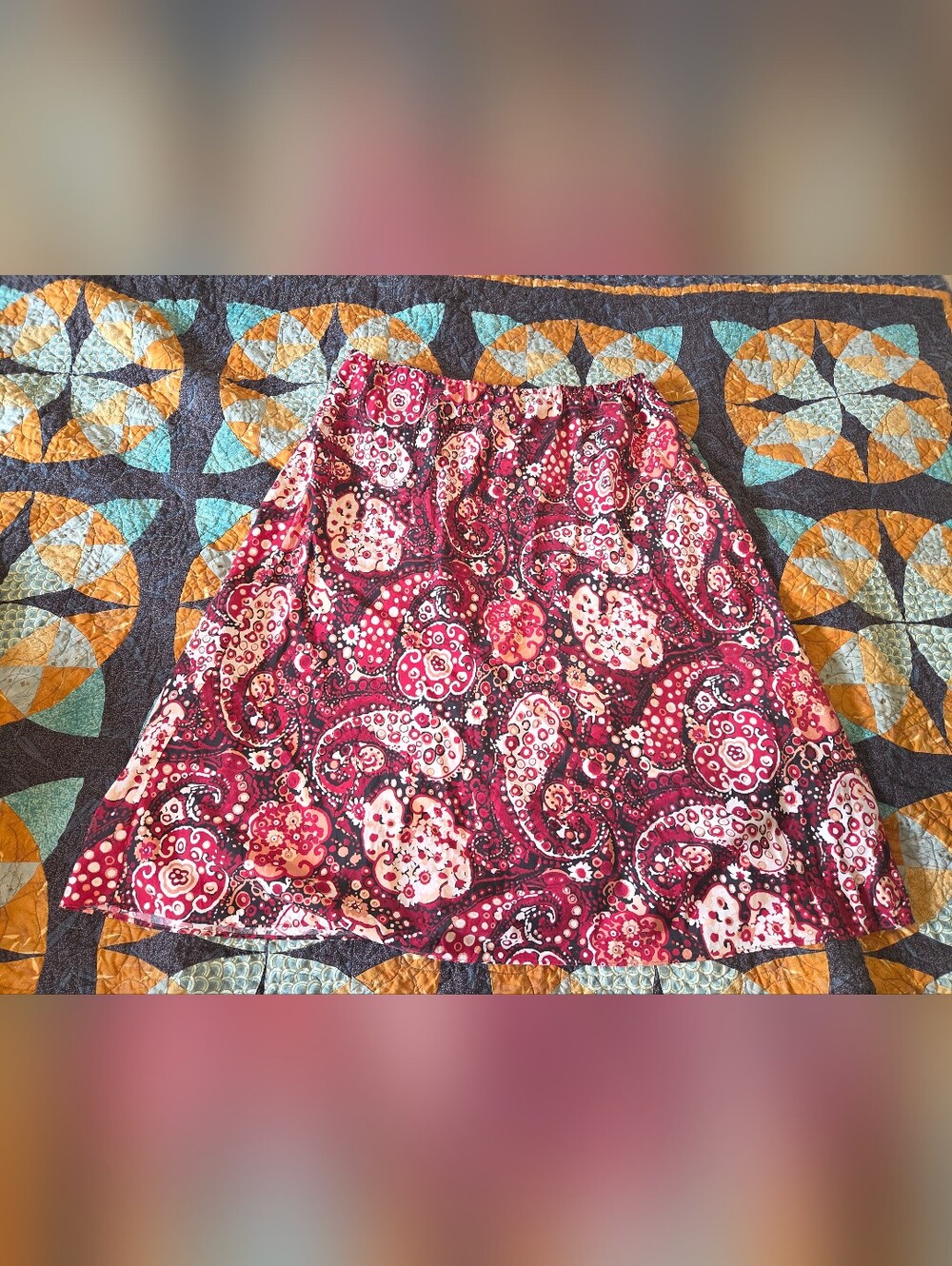 Women's New York & Company Burgundy Paisley A-Line Skirt Size M 100% Silk